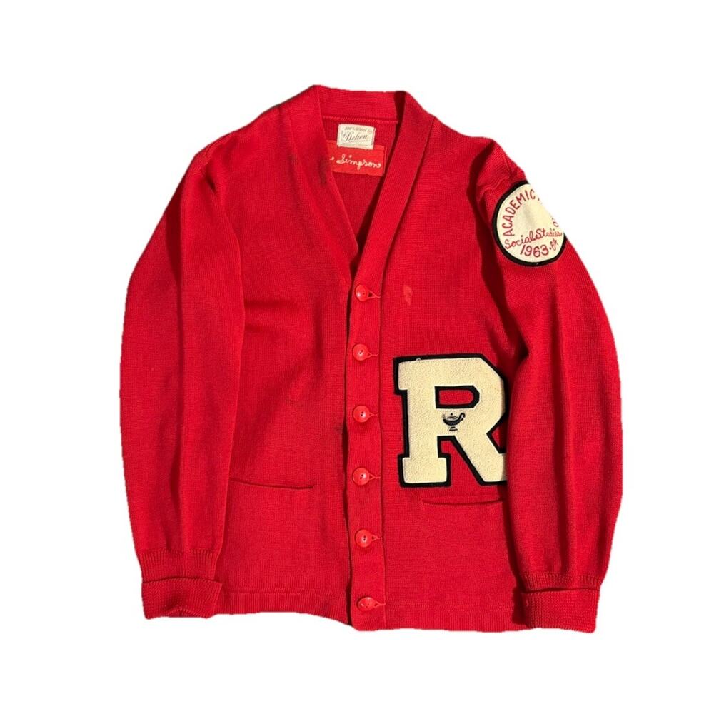 Vintage 1963 Red Wool Student Cardigan Made In USA Size Small Social Studies 60s